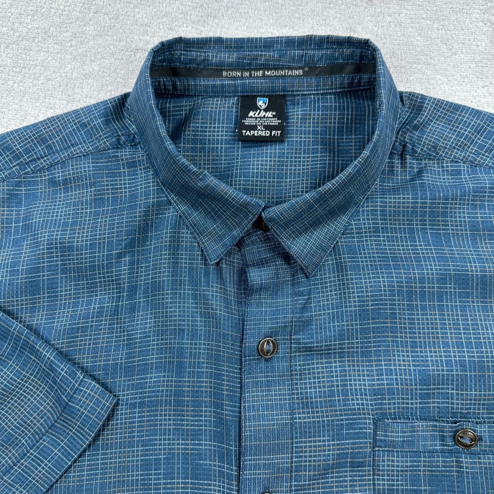 KUHL Button Down Shirt Men XL Blue Plaid Tapered Fit Short Sleeve Outdoor Casual